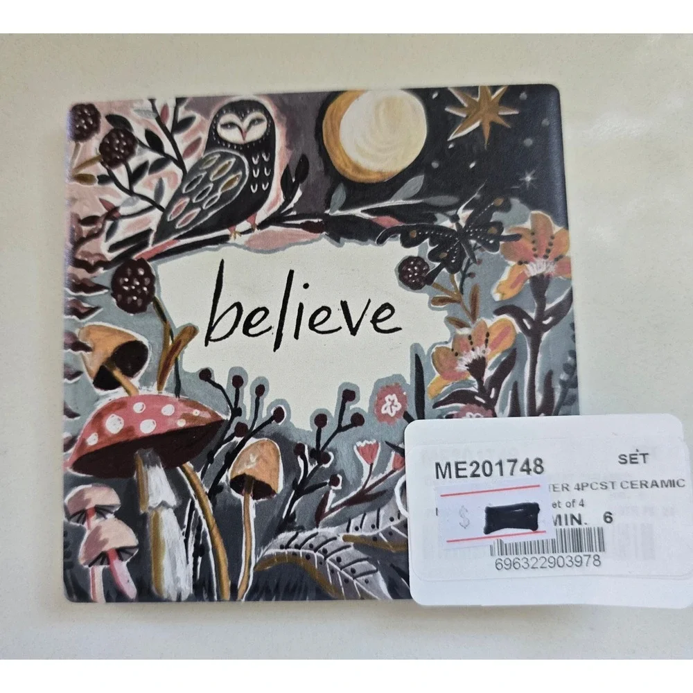 Set of 4‎ Whimsical Ceramic Coasters Forest Folk Art Love Believe Blessings Joy